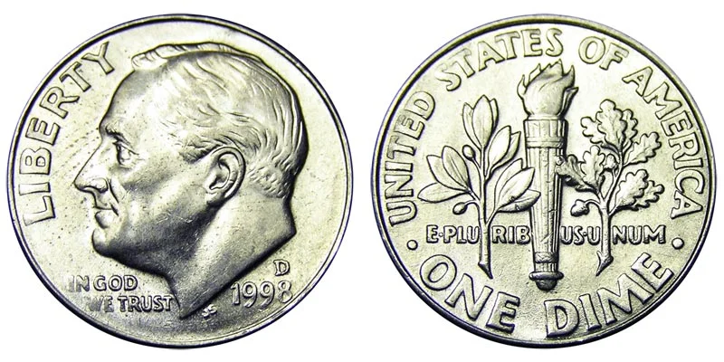 Side-by-side comparison of 1998 Roosevelt dime torch bands — weak strike vs Full Bands specimen