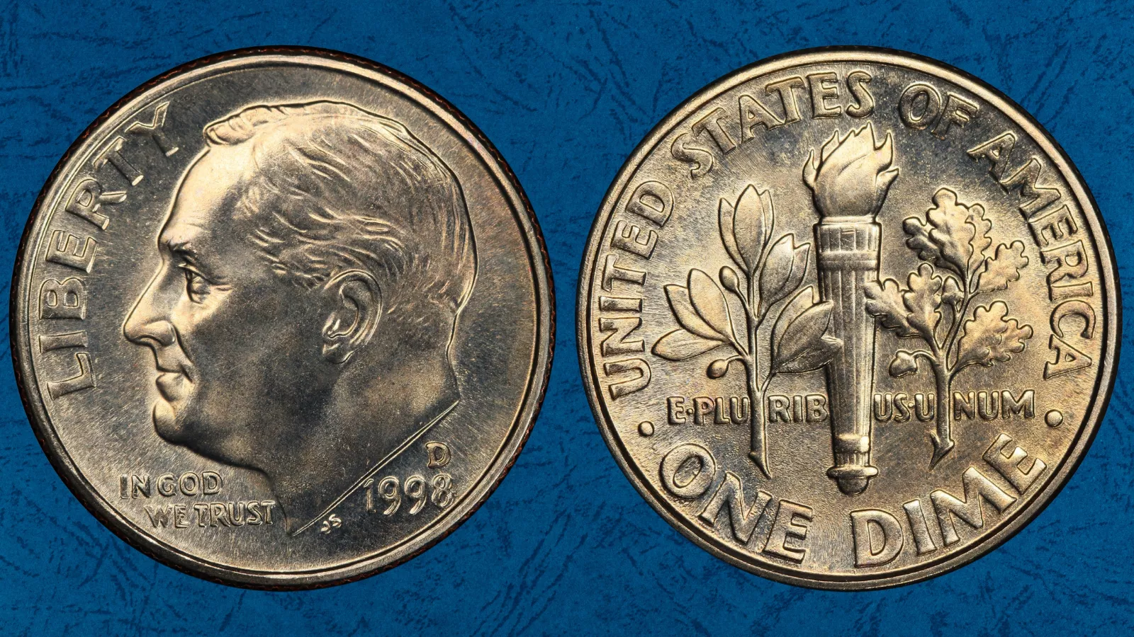 1998-D Roosevelt dime Full Bands (FB) — close-up of torch showing complete band separation