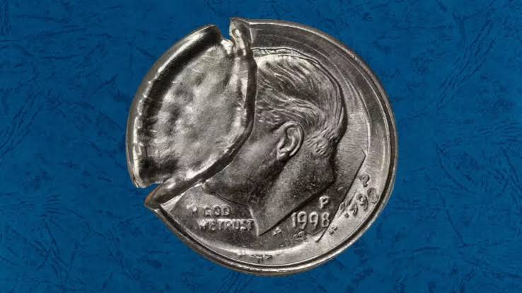 1998 Roosevelt dime double-struck indent error showing overlapping die impressions