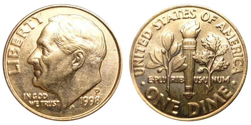 1998 Roosevelt dime grading strip showing condition tiers from worn to gem uncirculated